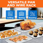 Lifestyle-style infographic showing roasted chicken, salmon, muffins and vegetables on baking sheets and wire racks with usage icons