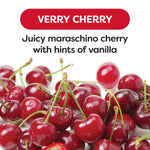 Close-up of ripe maraschino cherries with text describing a very cherry scent and vanilla notes on white background