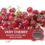 Close-up photograph of ripe cherries with a red band reading Very Cherry and descriptive scent text