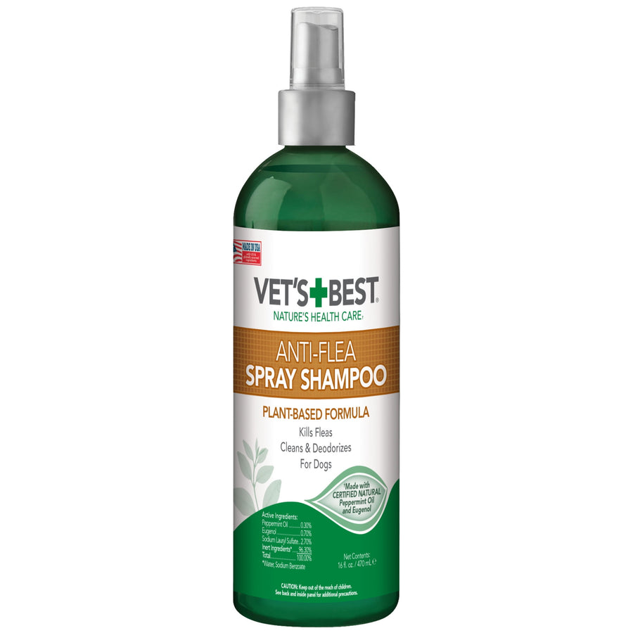 Vet's Best anti-flea spray shampoo bottle with pump cap and green-white label photographed on white background