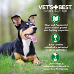 Outdoor image of a happy dog on grass with Vet's Best logo and three infographic icons describing clove and peppermint oils and testing