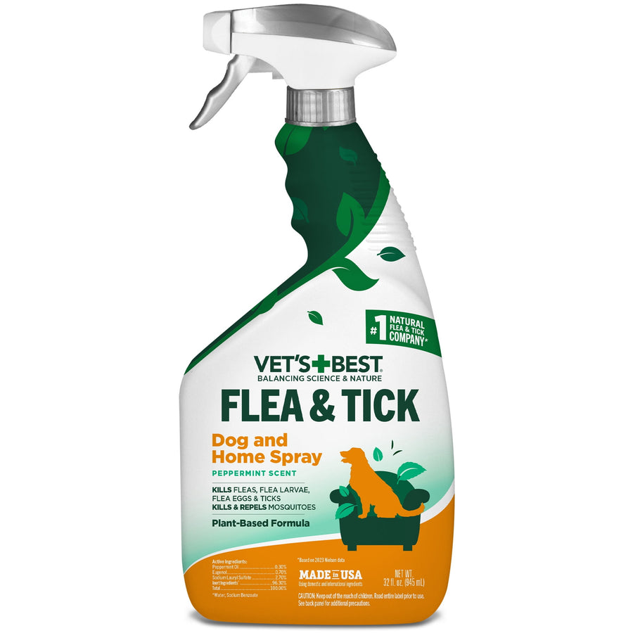 Front view of Vet's Best Flea & Tick dog and home spray bottle with peppermint scent label and orange base