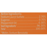 Close-up orange ingredient panel listing sodium lauryl sulfate, eugenol and peppermint oil percentages