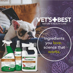 Lifestyle collage with a resting bulldog and three Vet's Best spray product containers alongside the brand logo and tagline