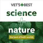 Vet's Best brand graphic reading 'science + nature' over green leaf background and tagline 'the best of both worlds'