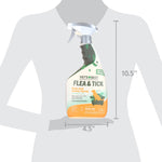 Vet's Best Flea & Tick spray bottle shown with size overlay graphic indicating approximate 10.5 by 4.5 inch dimensions