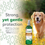 Promotional panel showing Vet's Best anti-flea spray shampoo bottle beside a golden retriever and text 'Strong, yet gentle protection'