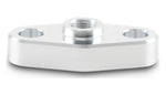 Close-up of a machined silver aluminum oil inlet flange with 1/8in NPT threaded center port and two bolt holes
