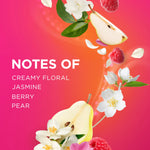 Graphic showing scent notes with pear, jasmine blooms and raspberries on pink-orange background