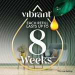 Promotional graphic stating each refill lasts up to 8 weeks with Vibrant branding and a chair and side table background
