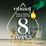 Graphic showing 'Each Refill Lasts Up To 8 Weeks' with Vibrant branding and living room backdrop
