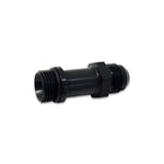 Black straight male threaded aluminum adapter with hex nut center on white background