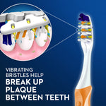 Diagram showing magnified toothbrush head breaking up plaque between teeth with callout text about vibrating bristles.