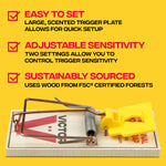 Feature graphic showing a Victor mouse trap with bullet points about easy setup, adjustable sensitivity and sustainably sourced wood