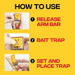 Step-by-step how-to graphic showing gloved hands releasing arm bar, baiting, and setting a Victor mouse trap