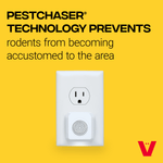 Yellow panel showing a wall outlet with a Victor PestChaser plugged in and text about PestChaser technology