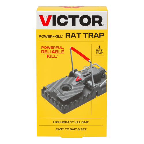 Yellow Victor Power-Kill rat trap retail box showing product image and branding on white background