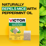 Promotional graphic with Victor product box and sachet plus text stating naturally repels mice with peppermint oil