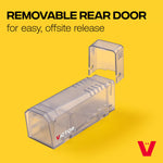 Yellow graphic showing removable rear door separated from a clear Victor live-catch mouse trap to illustrate offsite release