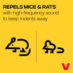 Yellow graphic panel reading “Repels mice & rats” with stylized rodent icons and Victor logo