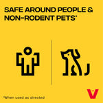 Yellow safety graphic stating safe around people and non-rodent pets with person and dog icons