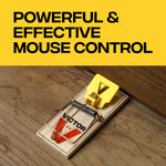 Victor wide-pedal mouse trap placed on a wooden floor with bold text reading powerful & effective mouse control above