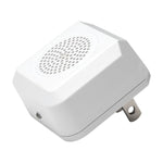 Close-up studio shot of a white Victor plug-in ultrasonic rodent repeller showing speaker grille and prongs