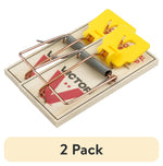 Close-up of two Victor wooden wide-pedal mouse traps with yellow plastic triggers on white background