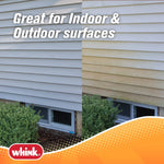 Split before-and-after photo of vinyl siding with overlay text stating the product is great for indoor and outdoor surfaces.