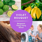 Violet Bouquet fragrance collage showing bergamot, ylang ylang, wood imagery and a mother with child at a washing machine
