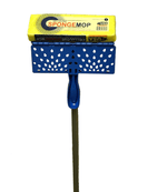 Yellow cellulose sponge attached to a blue perforated mop head on a long handle against white background