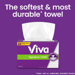 Purple background with a Viva Signature Cloth box and a single white sheet standing upright, headline about softness and durability