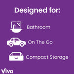 Purple graphic panel listing uses for Viva Signature Cloth with icons for bathroom, on the go, and compact storage