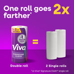 Graphic showing one Viva double roll equals two single rolls with purple background and two single rolls illustrated