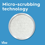 Close-up circular detail of Viva towel texture and embossing highlighting 'micro-scrubbing technology' text