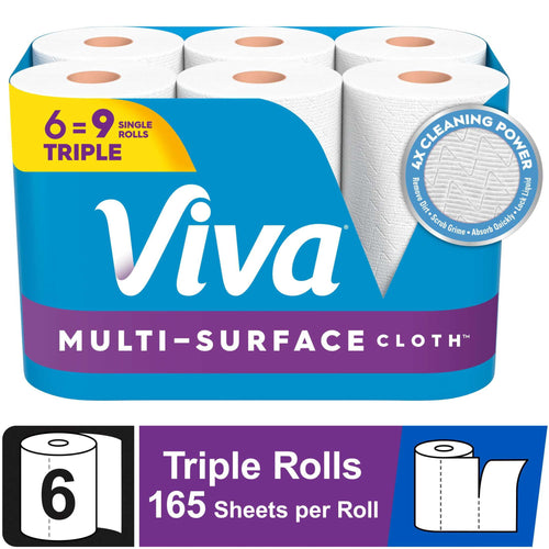Packaged Viva Multi-Surface cloth paper towel six-roll multipack with blue and purple branding and visible rolls