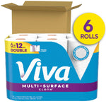 Open cardboard box showing Viva Multi-Surface paper towel pack with visible rolls and 6 rolls badge