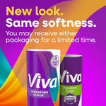 Packaging graphic announcing 'New look. Same softness.' showing two Viva Signature Cloth roll designs side by side.