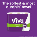 Viva Signature Cloth paper towel pack on purple background with headline claim about softness and durability
