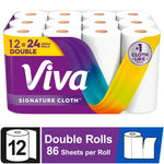 Packaged Viva Signature Cloth paper towels showing 12 double rolls with purple branded wrap