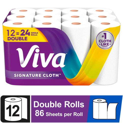 Packaged Viva Signature Cloth paper towels showing 12 double rolls with purple branded wrap