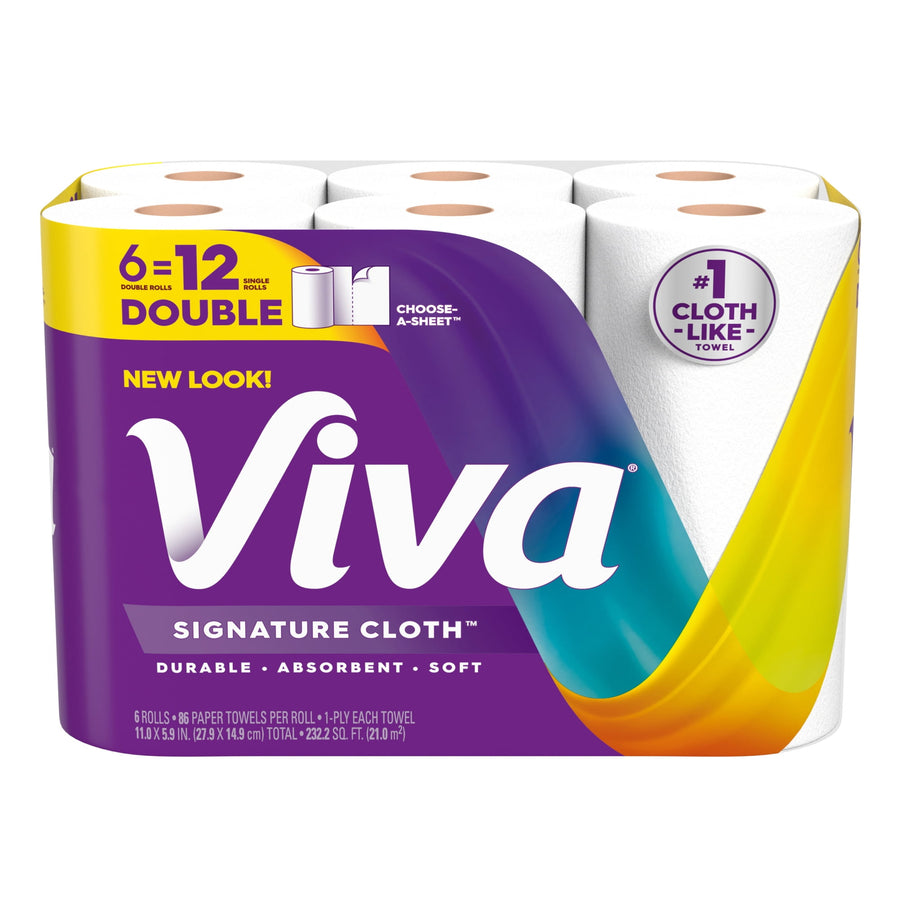 Front-facing package of Viva Signature Cloth paper towels showing multiple rolls and colorful branded packaging on a white background