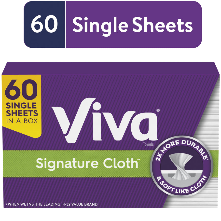 Purple Viva Signature Cloth box front with branding, '60 single sheets' callout and durability badge