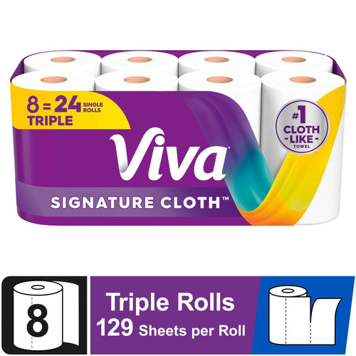 Packaged Viva Signature Cloth paper towel eight-roll multipack with purple branding and visible rolls.