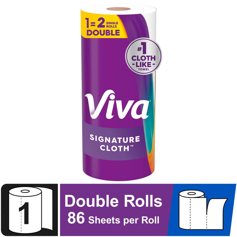 Viva Signature Cloth paper towel roll in purple packaging labeled #1 cloth-like and 'Double Rolls 86 Sheets per Roll'.