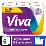 Packaged Viva Signature Cloth paper towels six-pack with purple branded wrap and product icons