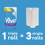 Viva branded single roll alongside three unwrapped rolls with graphic showing 1 triple roll equals 3 single rolls