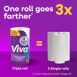 Graphic showing a Viva triple roll on left equaling three single rolls on right with text 'One roll goes 3x farther'.