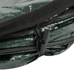 Close-up of dark green textured tarpaulin material and black cord toggle on a collapsible pop-up can