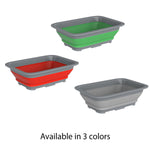 Three collapsible wash basins in gray, red and green shown expanded on a white background with text indicating color options.